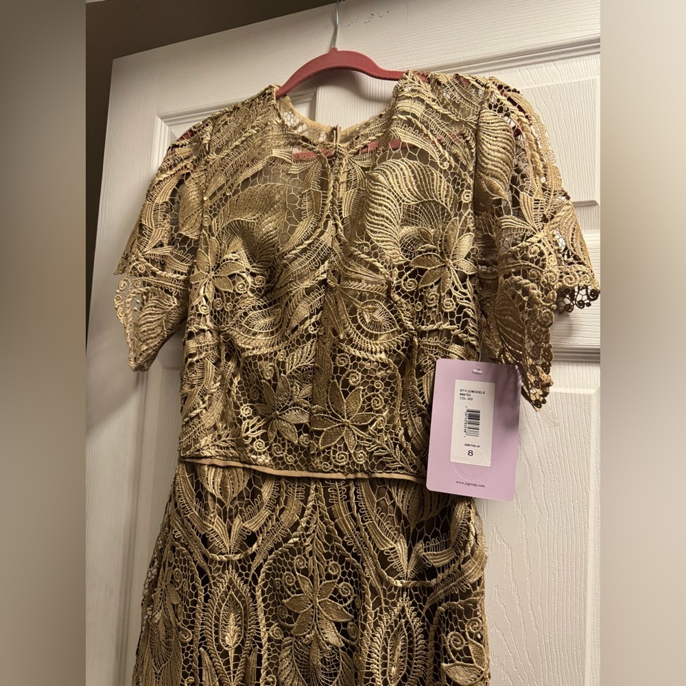 JS Collections Metallic Gold Lace Gown